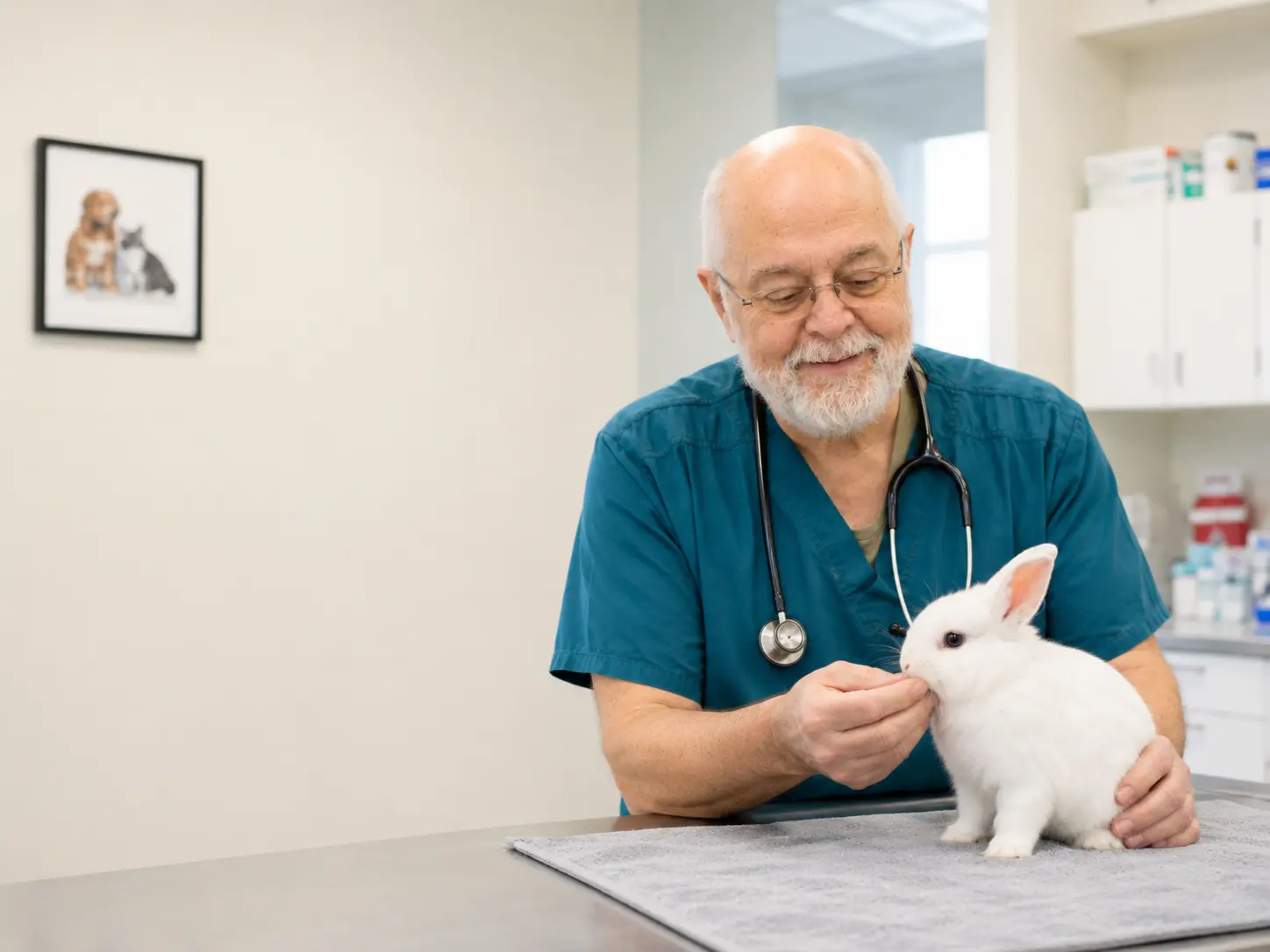 Dr. Joseph Martinez examining a rabbit at Francis Petcare Hospital in Richmond BC